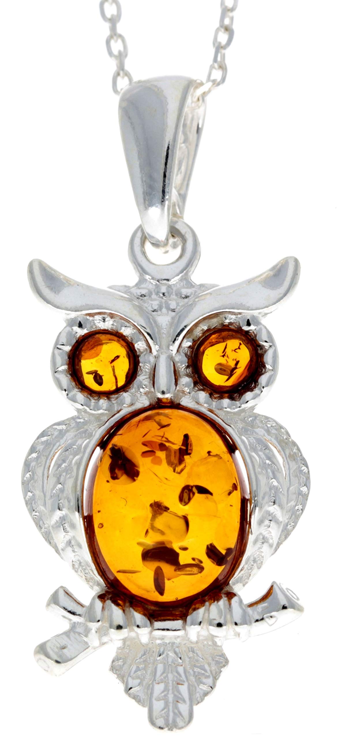 Genuine Cognac Baltic Amber & Sterling Silver Owl Pendant without Chain - GL359