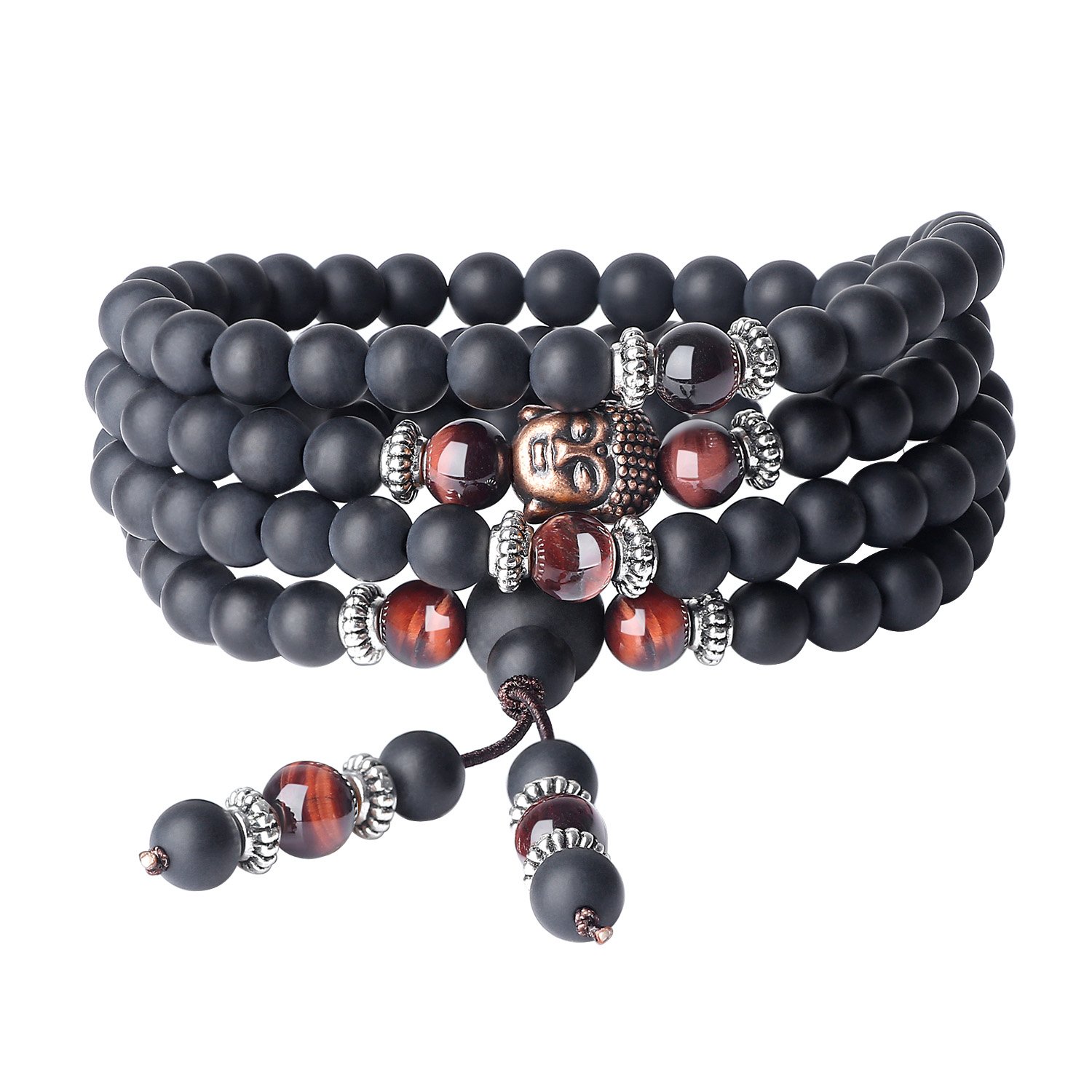 COAI Semi Precious Stones Matte Onyx Red Tiger Eye Chakra 108 Beads Bracelace Necklace