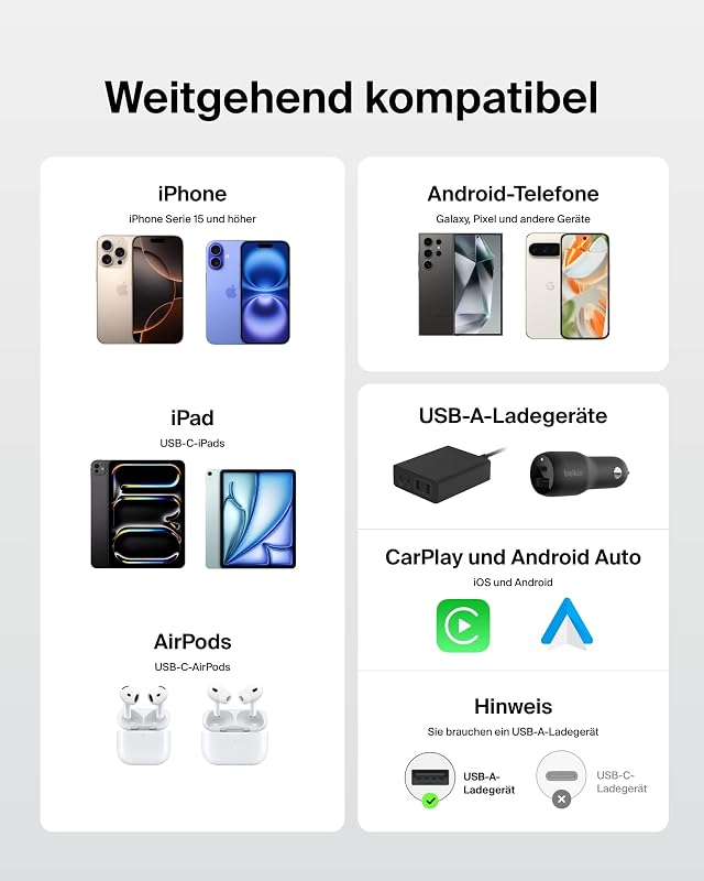 2er-Pack geflochtenes USB-A auf USB-C Ladekabel, 1,5 m, 15W, biegsames, flexibles Schnellladekabel, USB-C kabel für iPhone 17 und 16, Galaxy S25, Pixel 10, iPad Pro usw. – Weiß
