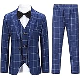 SWOTGdoby Boys Suits 3 Pieces Formal Suit Set Plaid Blazer Vest Pants Slim Fit Suit Jacket for Wedding Party