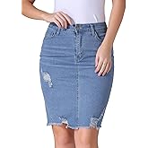 CIMUK Women's Denim Skirt Stretchy High Waisted Raw Hem Knee Length Jean Pencil Skirts