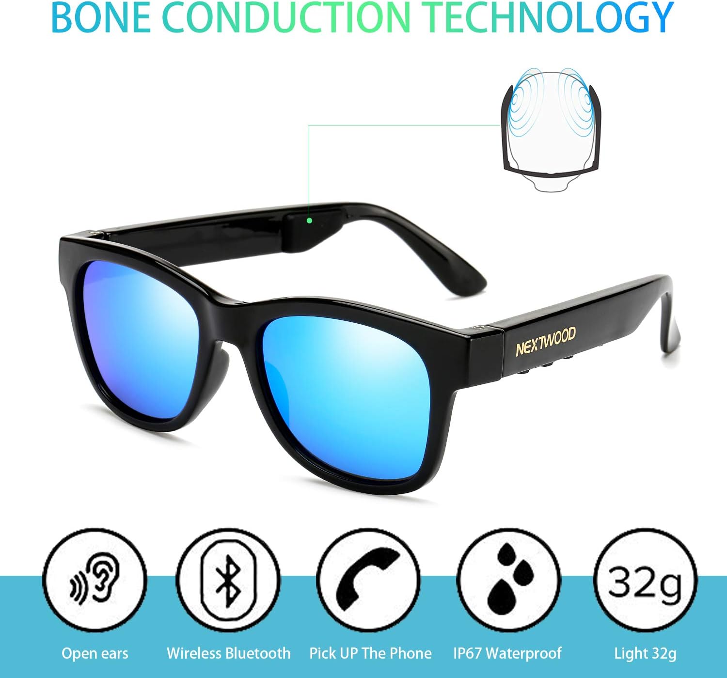 Bluetooth Wireless Stealth Headset Glasses Sunglasses Bone Conduction Waterproof Intelligent Songs Artifact 6 Color Microphone Phone (Blue Coated Sun Lenses)