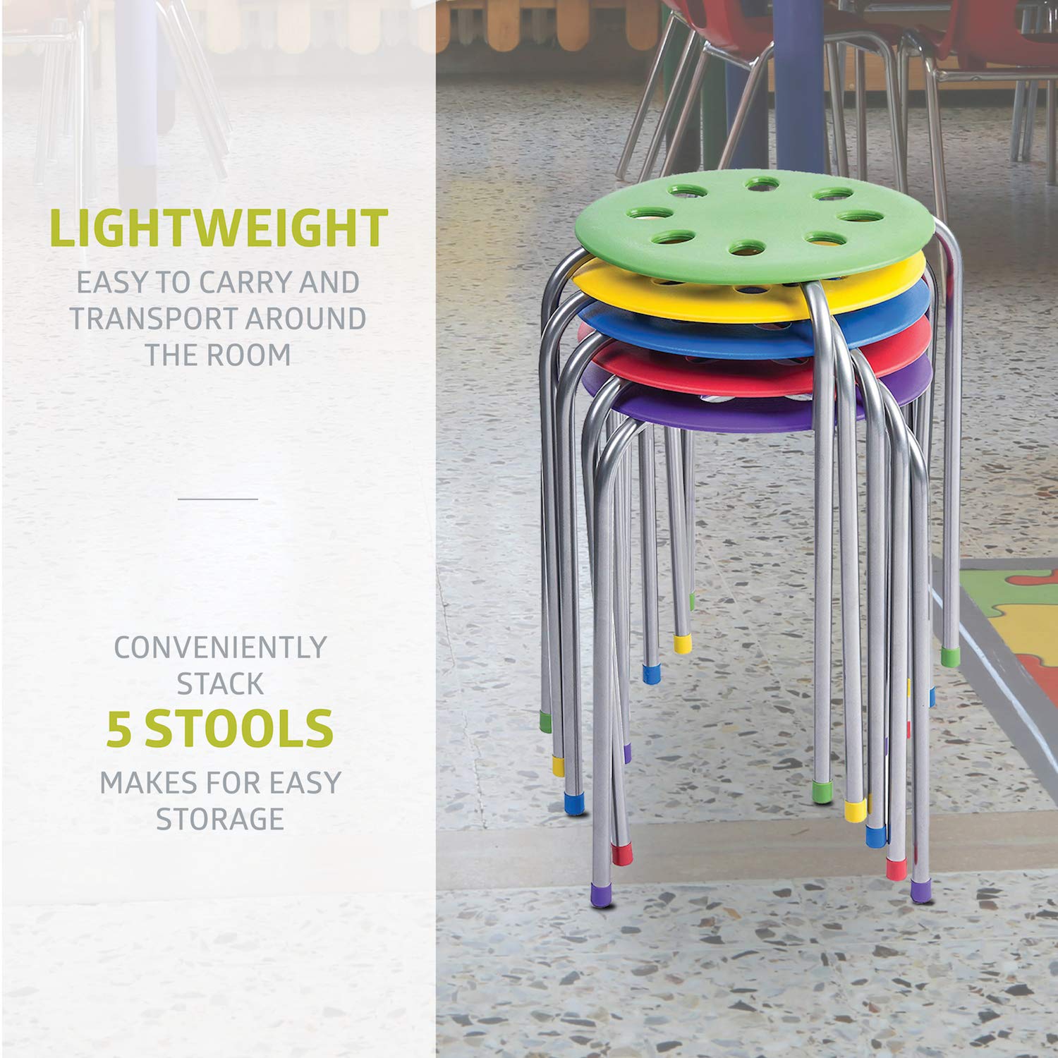 Pearington - PEAR-BW01 Plastic Classroom Furniture Stools for Kids; Multipurpose Stool Chairs; Flexible Seating; Stacking Stools, Stainless Steel Legs, - Set of 5, Multi-Color: Industrial & Scientific