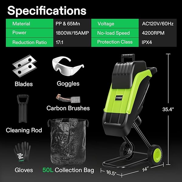 VIVOSUN 15-AMP ELECTRIC WOOD CHIPPER SHREDDER WITH 1.57″ HOPPER & 50L COLLECTION BAG, INCLUDES PLUNGER, EXTRA CARBON BLADES, SAFETY GOGGLES & GLOVES FOR YARD WASTE, BRANCHES, AND LEAVES (GREEN)