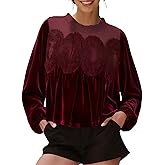 Gozoloma Women's Long Sleeve Velvet Trim Lace Blouse Elegant Flared Swing Top Round Neck Blouse Casual Wear