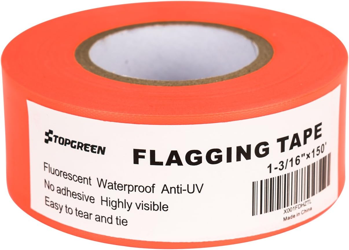 TopGreen Fluorescent Orange Flagging Tape 150-Feet by 1-3/16 Inch Roll Surveyors Tape Caution Ribbon Marking Flags