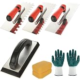 Acrux7 7PCS Tile Tools with Square Notched Tile Trowel Set and Grout Float | 3 notch sizes: 5/32, 5/16, 1/2 in, stainless steel trowels, rubber grout float, 2 sponges and gloves, for tiling installation
