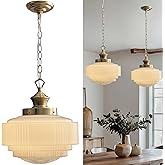 AILELANG Vintage Milk Glass Pendant Light, 13.8" Brass Color Ceiling Light Fixture, Adjustable Height Chandelier for Kitchen 