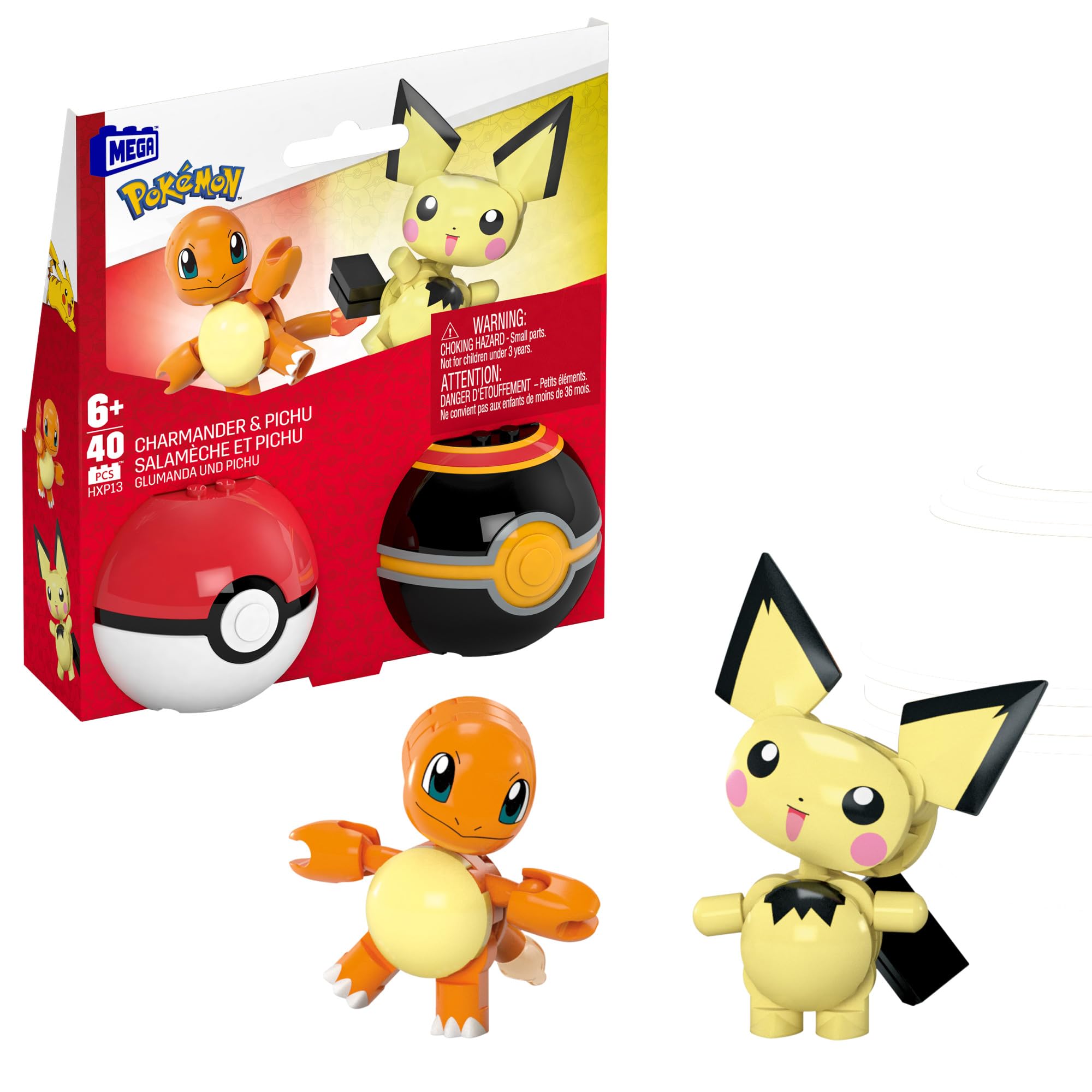MEGA Pokémon Building Toys Set Pichu & Charmander with 40 Pieces, 2 Poseable Characters and Poké Ball, 2 Inches Tall, for Kids, HXP13 — image 1