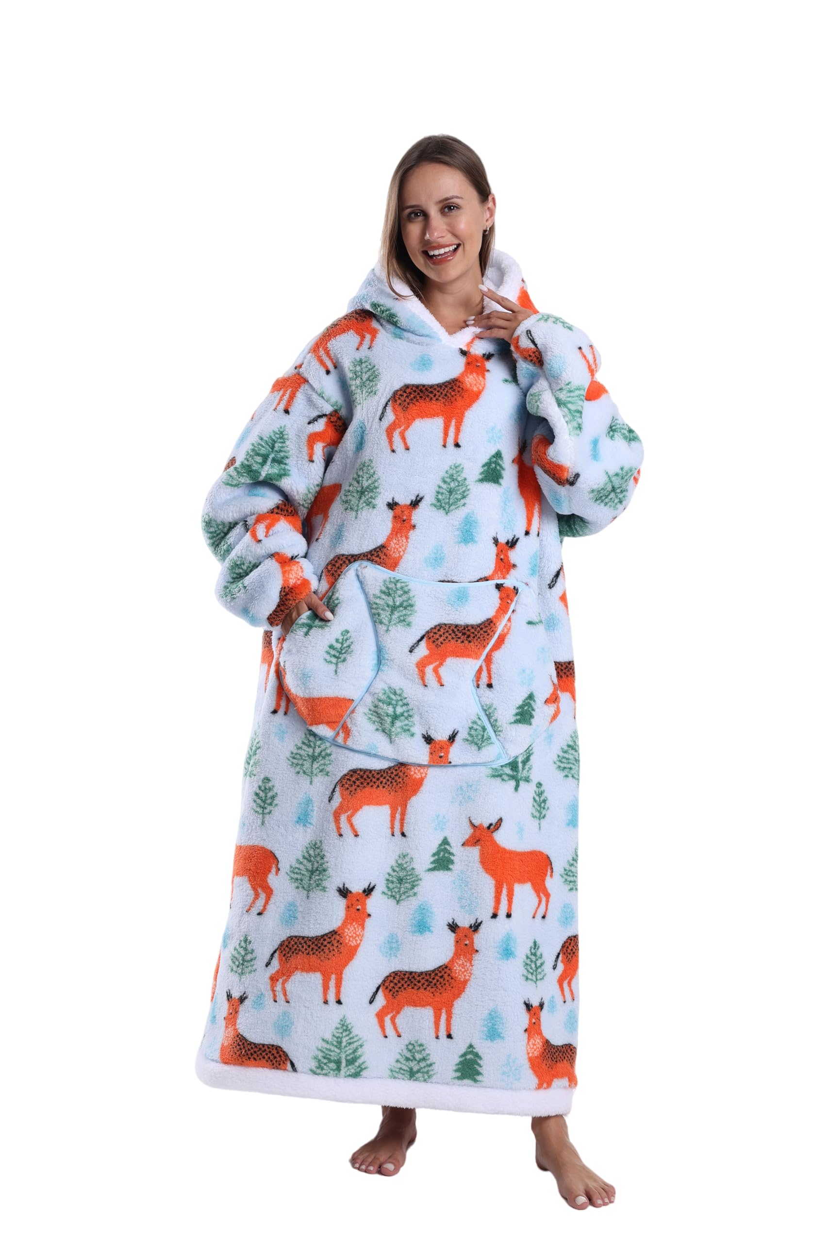 Capecage Blanket Hoodie, Long Hooded Blanket Sweatshirt as Birthday Gifts for Women Men, Long Wearable Blanket for Women Men. (Deer) Image