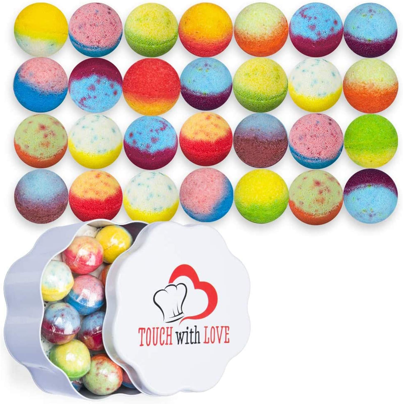 28 Bath Bombs with Gift Tin Box,100% Organic Natural Essential Oils and Moisturizing Ingredients, Handmade Multi-color Bulk Bath Bombs, DIY Your Colorful Bubble Bath.