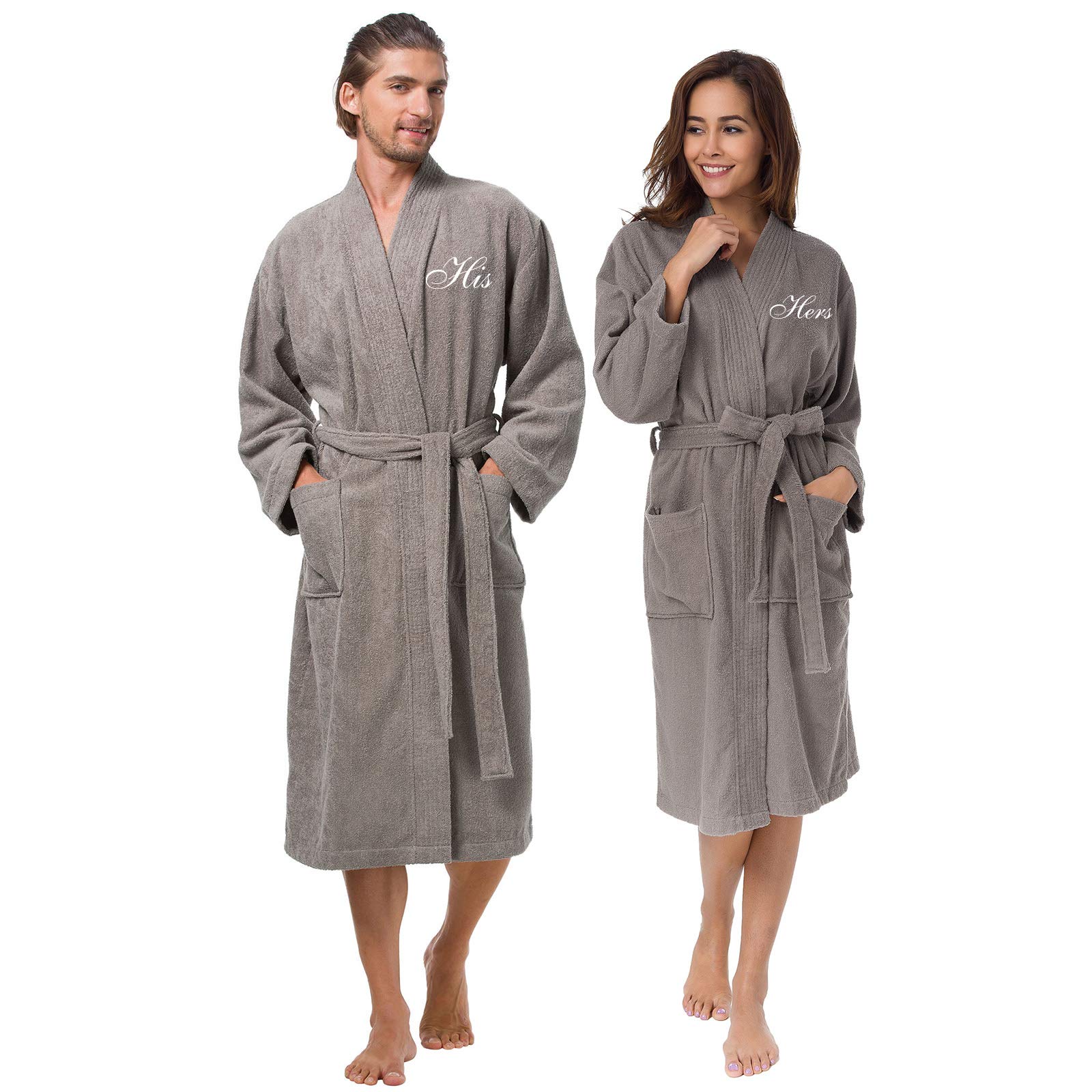 Couple's Terry Cotton Kimono Robe Spa Bathrobe Set - Unisex Hotel Robe with Elegant Script Embroidery