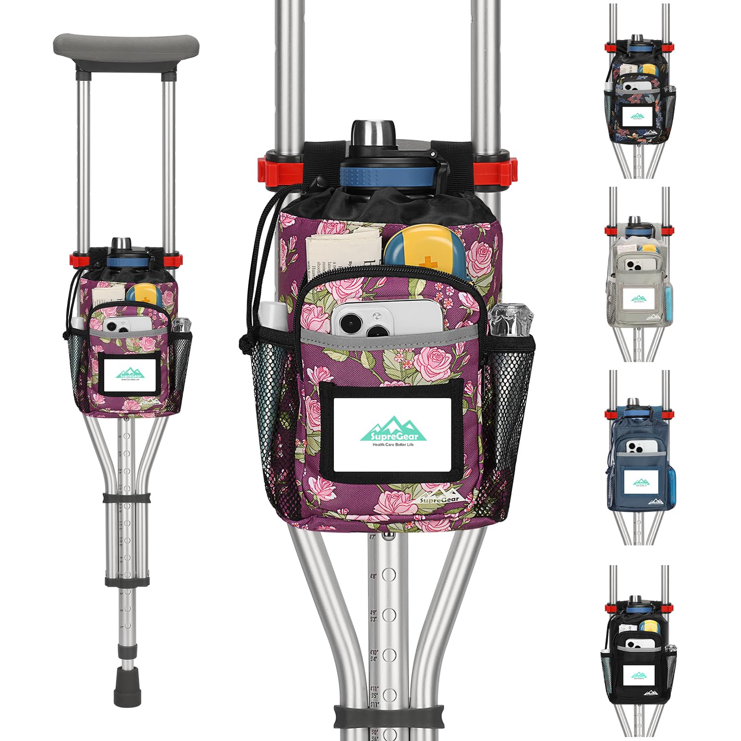supregear Crutch Accessories Bag, Water-Resistant Storage Pouch with Cup Holder and Multiple Pockets, Large Capacity Organizer for Underarm Crutches, Purple Floral