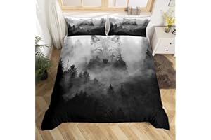 Castle Fairy Wolf Printed Bedding Set,Misty Woods Duvet Cover for Kids Teen Boys Girls,Natural Landscape Comforter Cover Decorative Room,Wild Animals Quilt Cover with 2 Pillowcases,King Size