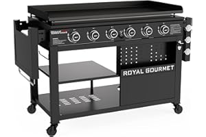Royal Gourmet GB6000 6 Burner Propane Gas Griddle with Folding Side Tables, 44-Inch Flat Top Grill with Double-Layer Bottom Shelves for Outdoor Party or Backyard Barbecue, Black