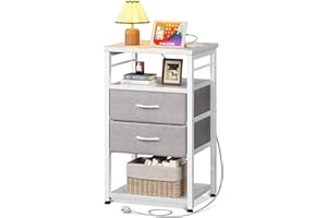 AODK Night Stand with Charging Station, End Table for Bed Nightstand with Drawers, Small Nightstand for Bedroom, 4-Tier Storage Bed Side Table for Living Room, White and Light Grey