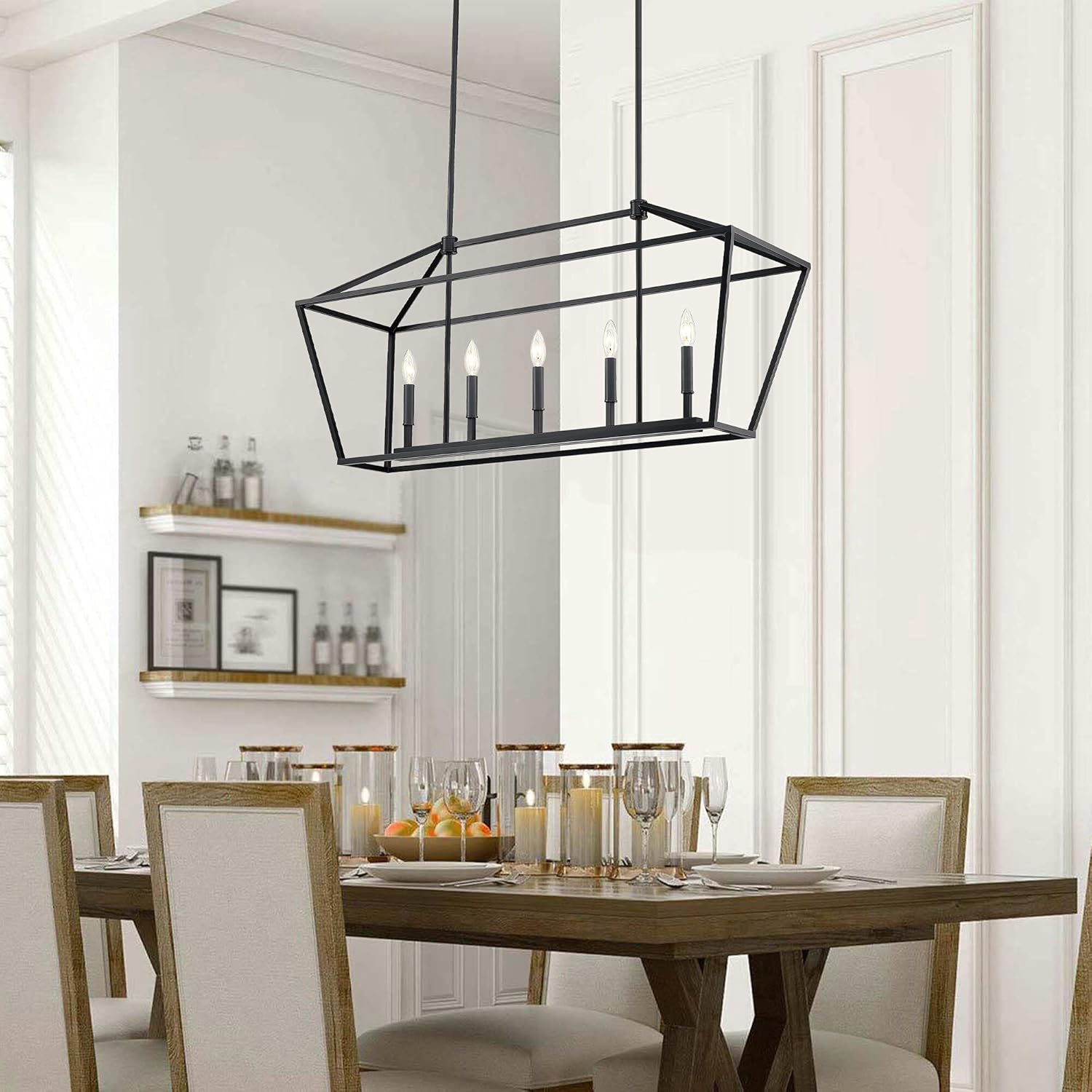 MOTINI 5-Light Kitchen Island Lantern Pendant Linear Chandelier Black Rod Hanging Light 40"x 12"x18.5" - - 