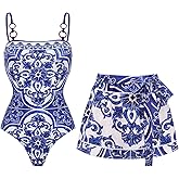 FLAXMAKER Women's One Piece Sling Classic Majolica Adjustable Bathing Suits Back Lace up Swimsuit with Skirt/Shorts