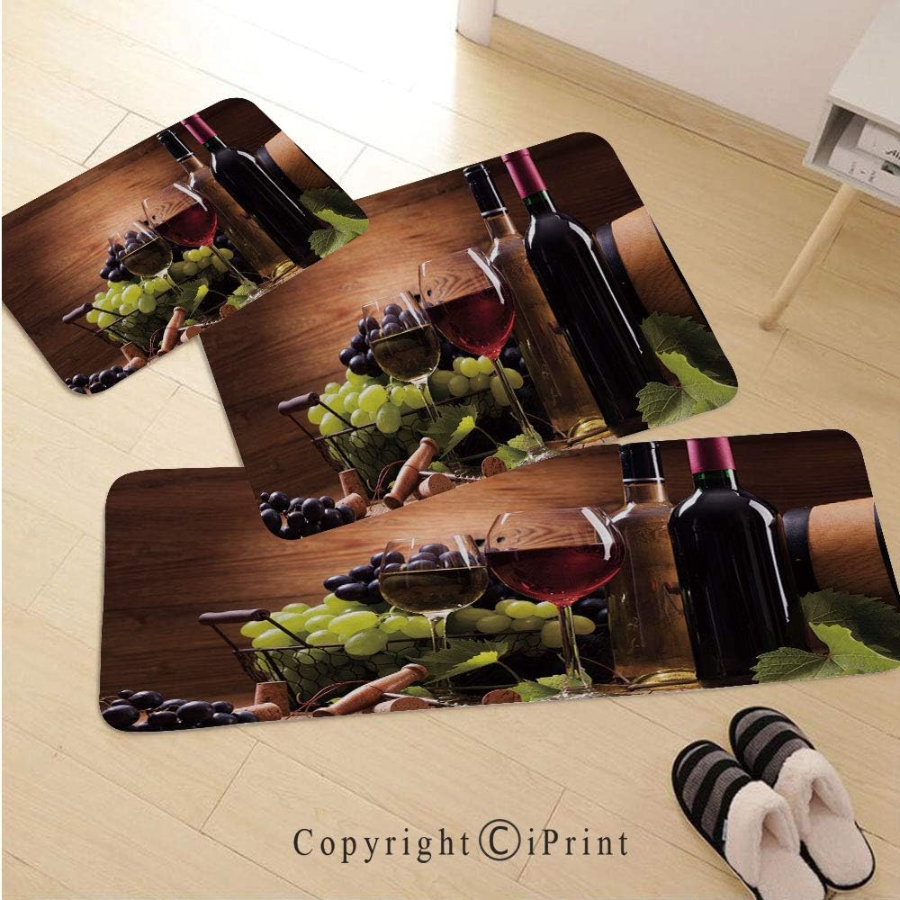 Wine 3D NonSlip Kitchen Mat Runner Rug Set, 3pc Kitchen Rug Set, Glasses of Red and