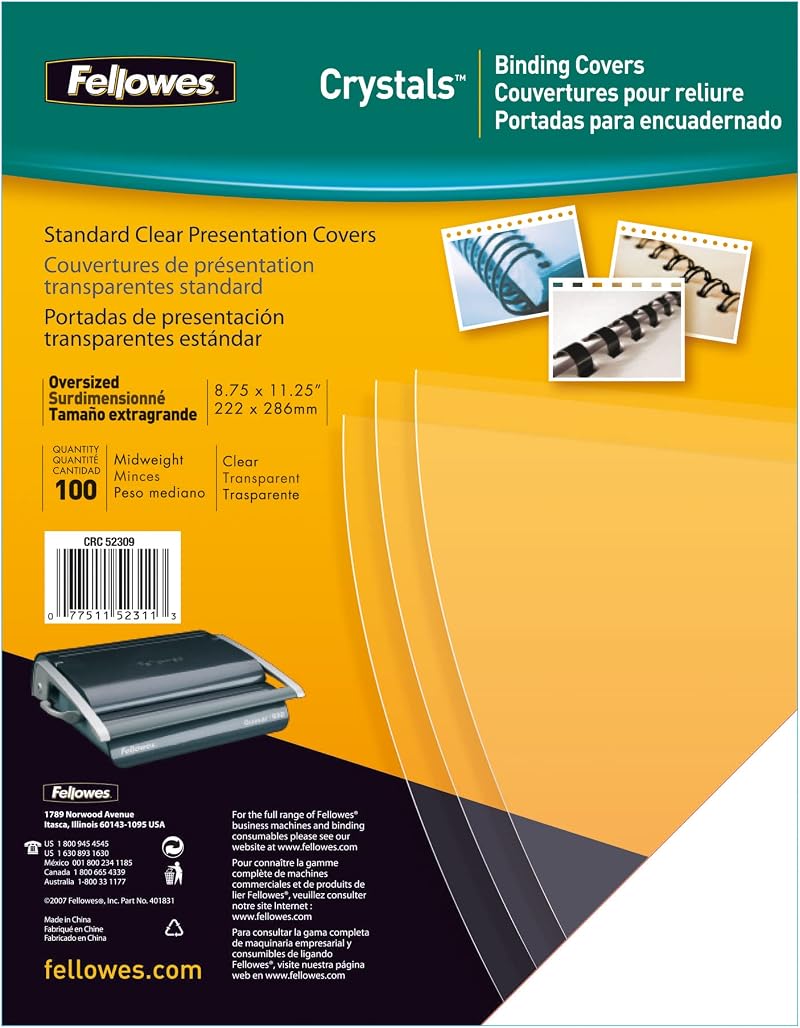 Fellowes A4 Binding Cover 180 Micron PVC Transparent Pack 100