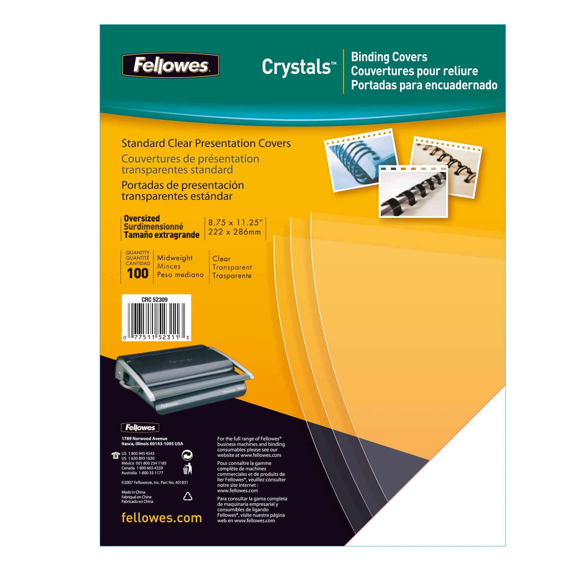 Fellowes A4 Binding Cover - 180 Microns PVC Binding Covers - Pack of 100 Binding Covers - Transparent