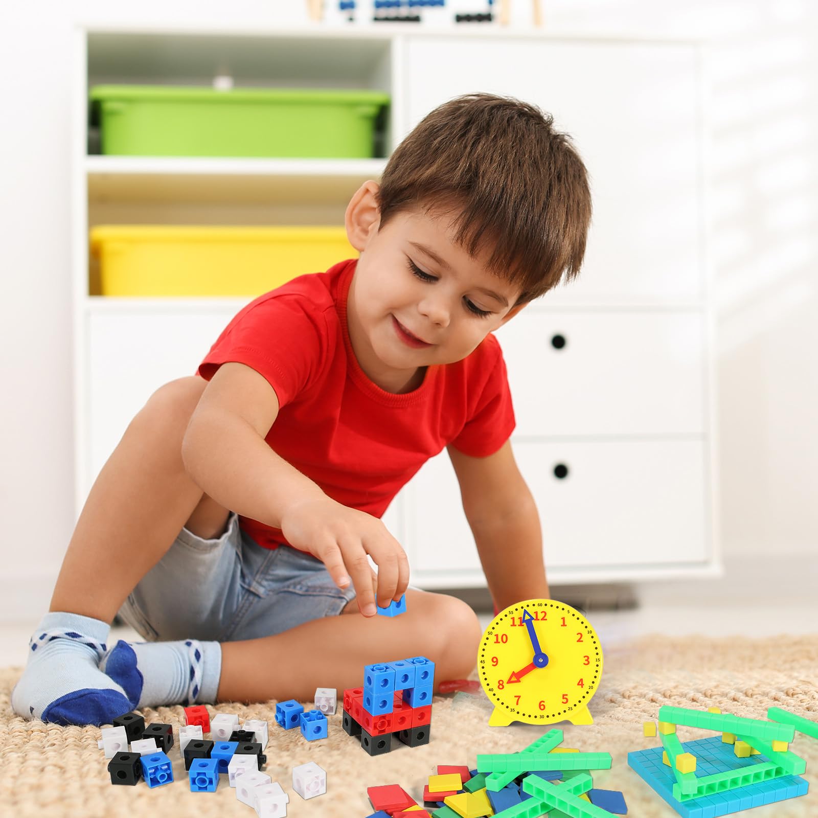 TOMMYHOME Essential Preschool Kindergarten Learning Set, Collection of Clocks, Cubes, Blocks Stacking Toys for Boys&Girls Aged 3 4 5 6 Years.