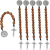 Gorgeoos 6 Pack Saint Benedict Medal Pocket Rosary - Handmade Brown Wood Beads with San Benito Medal - Catholic Religious Gift for Men and Women Prayer Charm