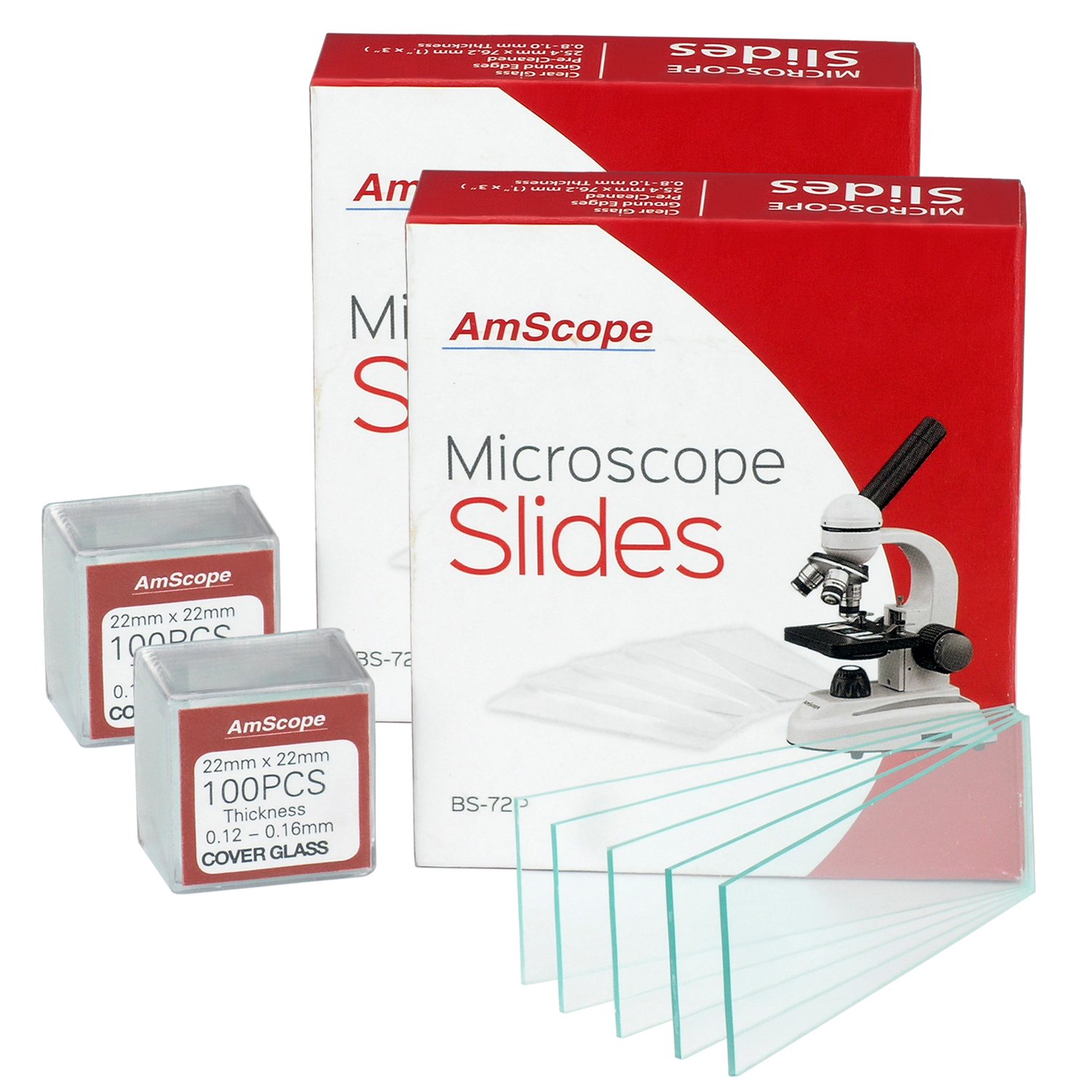 AmScope - 144 pcs Blank Glass Microscope Slides + 200 pcs Square Cover Glass, Coverslips (22 x 22mm) - BS-144P-200S-22