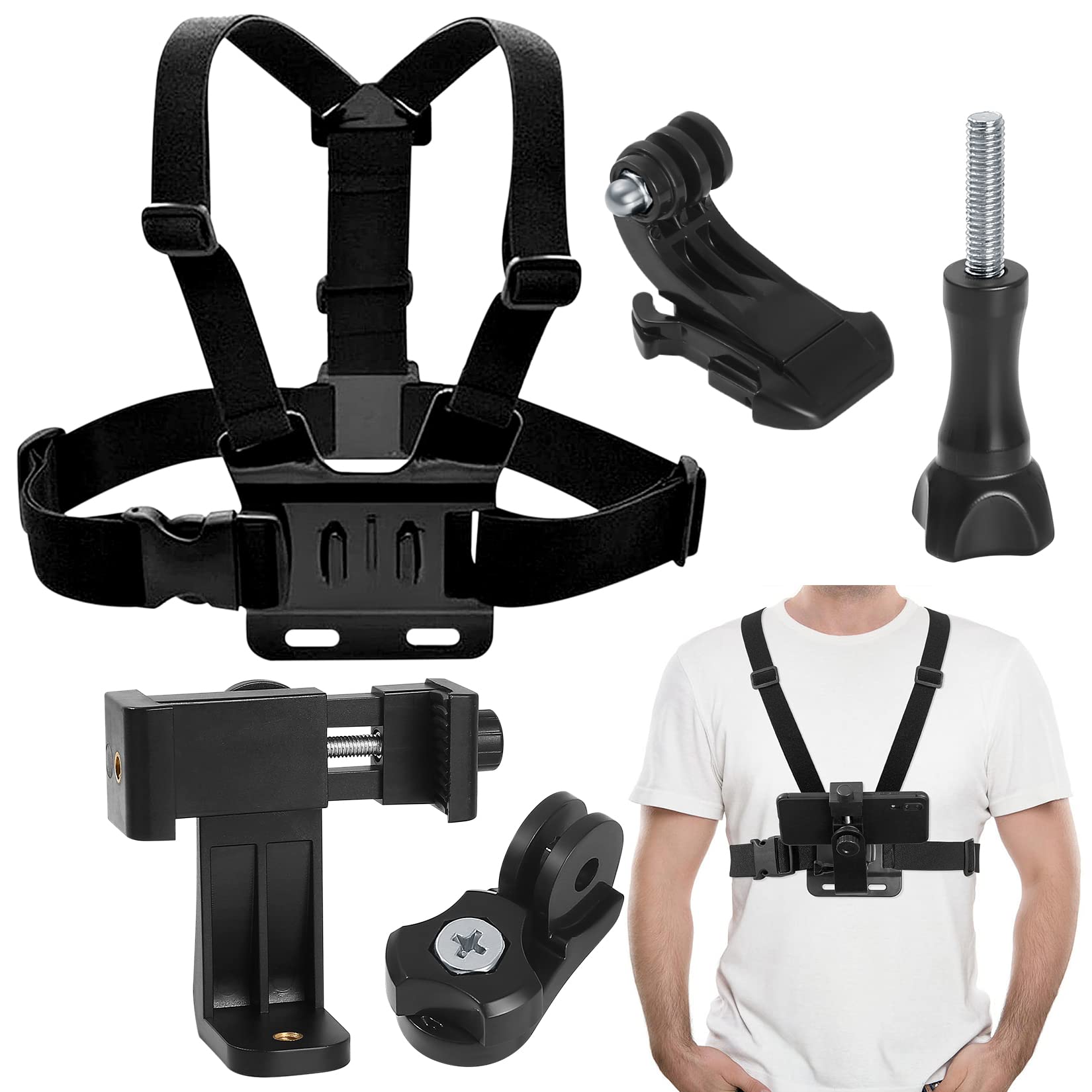 Fulushouxi Camera Phone Chest Mount Strap Harness, Adjustable Chest Mount Strap Cell Phone Clips Holder Bracket for GoPro Hero 2018/7/6/5/4/3, Session, Action Camera Chest Strap Holder