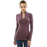 AmélieBoutik Women Slim Fit Sexy Casual Shawl Collar Faux Wrap Lace Up Long Sleeve Sweater