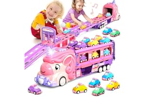 KIGWUX Car Toys for 2 3 4 5 6 7 Year Old Toddler Girl, Unicorn Toys Truck & Foldable Race Track W/Light & Sound, Friction Power Toy Cars W/ 9 Princess Cars, Birthday Gift for Kids Girls Age 4-6