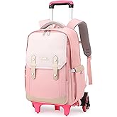 NIWEIYA Pink Rolling Backpack for Girls Kids School Backpack with Wheels for Girls, Roller Trolley School Bags for Primary Students, Wheeled Bookbags on 6 Wheels, Pink