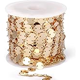 16.5FT Gold Sequin Chain Roll, 6mm 18K Gold Plated Brass Sparky Link Chains Spool Bulk for Jewelry Making Necklace Bracelet