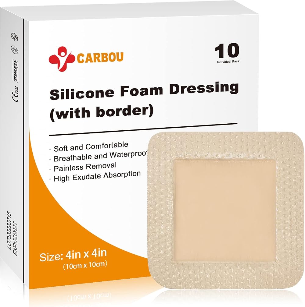 Carbou Silicone Foam Dressing 10Pcs 4x4 Waterproof Border Adhesive