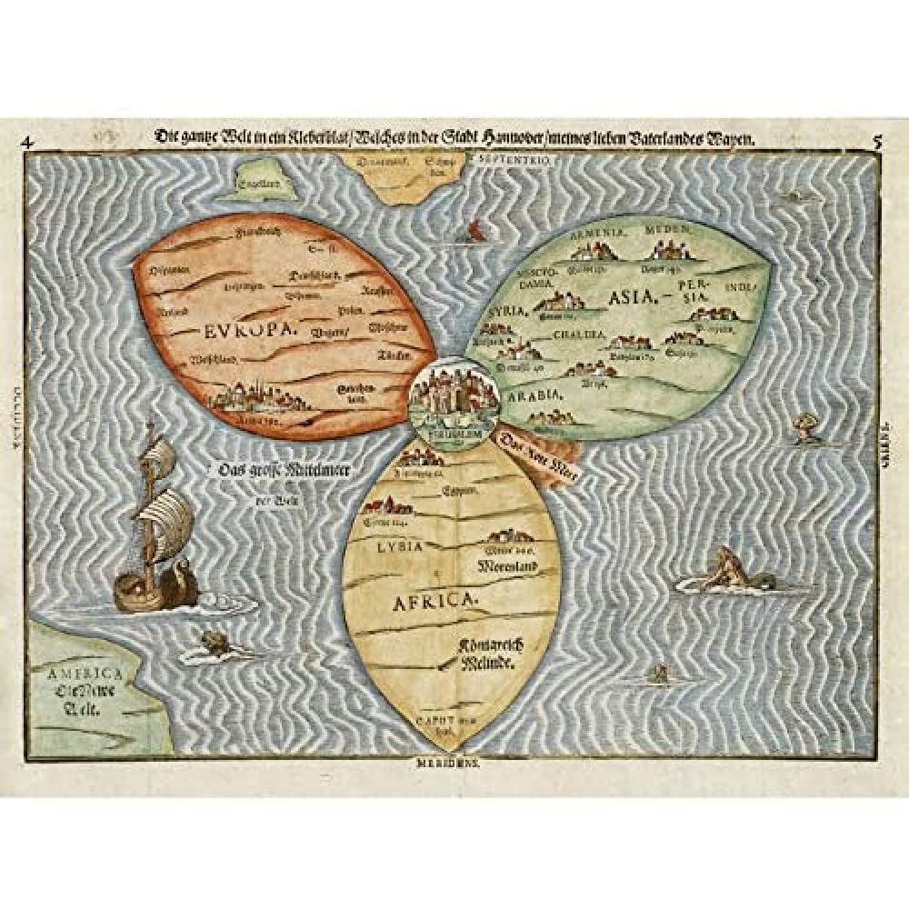 Bunting 1581 Map World Cloverleaf Jerusalem Art Print Canvas Premium Wall Decor Poster Mural