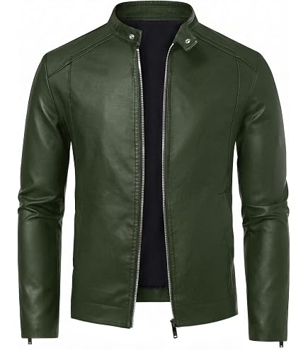 CIDER Faux Leather Stand Collar Zipper Biker Jacket: Brown, L at