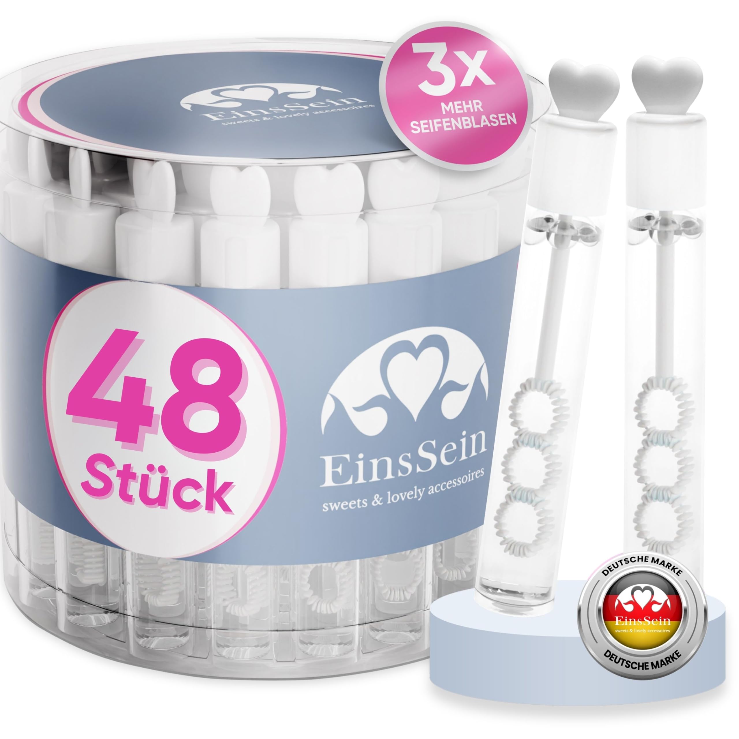 EinsSein 48x Wedding Bubbles White Love Tubes with 3D Heart Wand – Pre-Filled Mini Soap Bubble Bottles Party Favors for Wedding Guests Kids Baptism Birthday