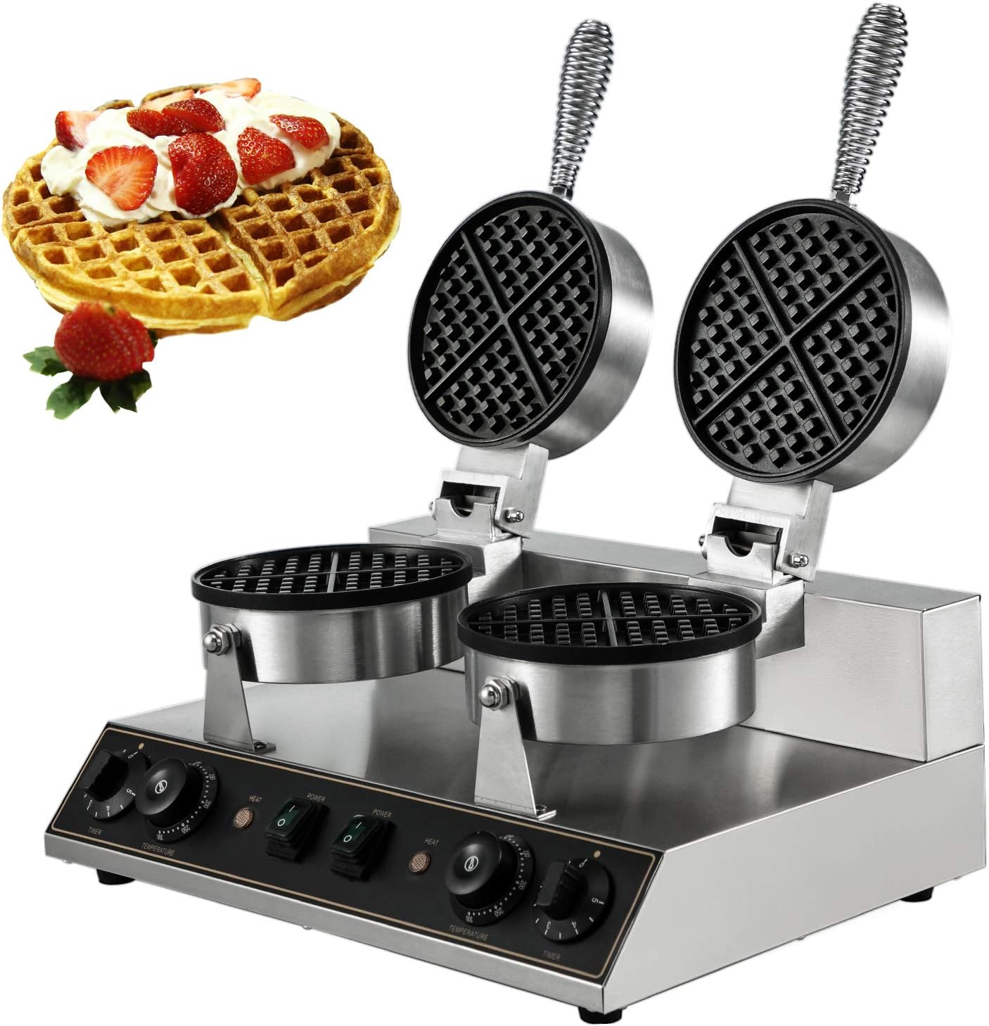 VBENLEM 110V Commercial Waffle Maker Nonstick 2400W Electric Waffle Machine Stainless Steel Temperature and Time Control Round Waffle Iron 8MM/0.32inch Deep Suitable for Restaurant Snack Bar
