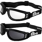 Birdz Eyewear Cardinal Women's Padded Floating Motorcycle Goggles 2 Pairs Black Frames with Clear & Smoke Lenses