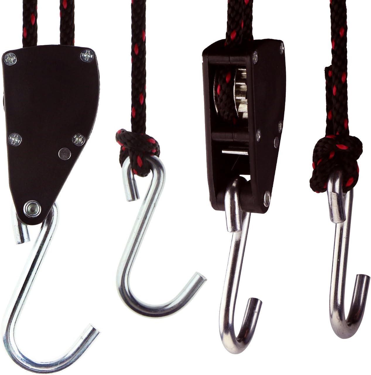 lycantant 2 x Adjustable Grow Light Rope Hangers with 1/4" Metal Rope Ratchets Reflector Hydroponics Grow Tent Hanger Upto 136KG (Black+Red), More Stronger