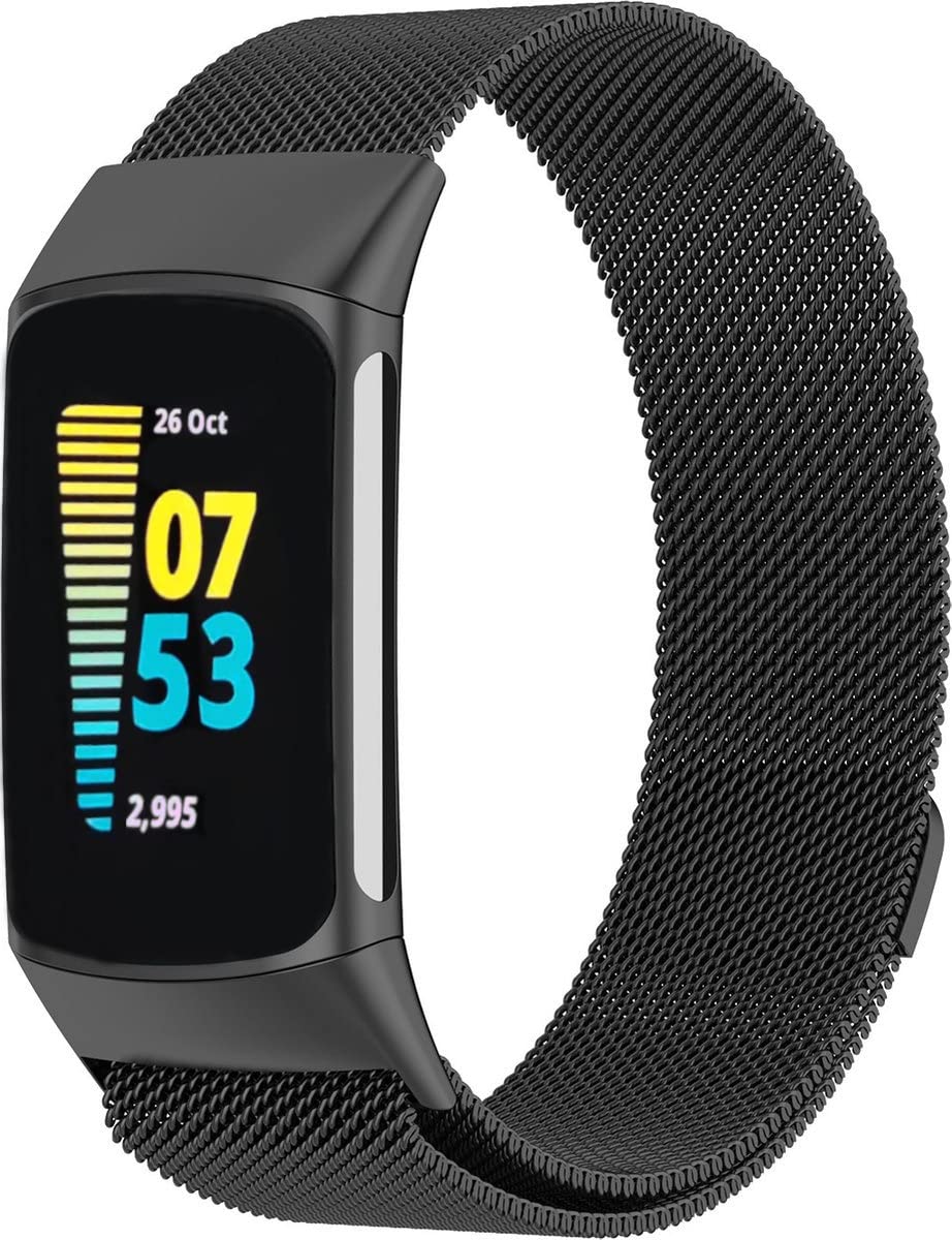 GLOBAL TECH Metal Strap Compatible with Fitbit Charge 6/Fitbit Charge 5 Strap for Men Women - Magnetic Clasp Stainless Steel mesh Loop Adjustable Metal Band Replacement for Charge 6/Charge 5 (Black)