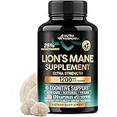 Lions Mane Supplement Capsules - Organic Lions Mane - Made in USA - Fruiting Bodies Extract - 1200 mg, 25% Polysaccharides - Memory & Focus Support - As Lions Powder - 120 Capsules, 2 Month Supply