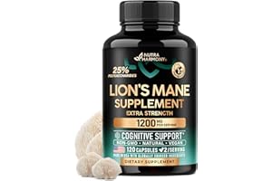NUTRAHARMONY Lions Mane Supplement Capsules - Organic Lions Mane - Made in USA - Fruiting Bodies Extract - 1200 mg, 25% Polysaccharides - Memory & Focus Support - As Lions Powder - 120 Capsules, 2 Month Supply