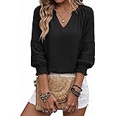 Dokotoo Womens 3/4 Sleeve Tops Pleated Business Casual Outifits V Neck Blouses Office Loose Shirts