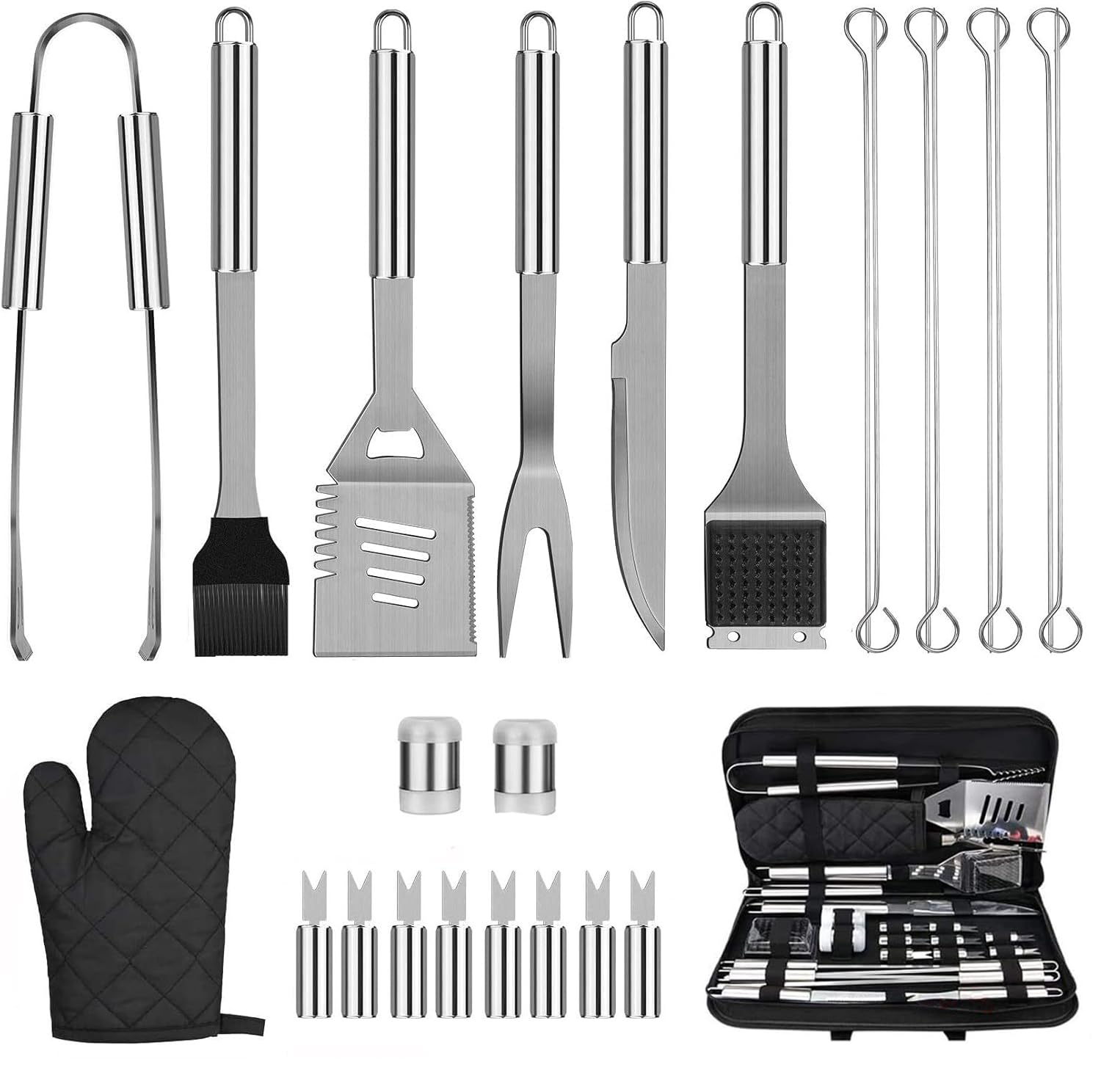 Emwel BBQ Grill Tools Set 25pcs in One Case Heavy Duty Stainless Steel Barbecue Accessories Set with Carrying Bag mplete Outdoor/Indoor Grilling Barbecue Utensil Gift Set