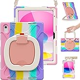 BRAECN Kids Case for iPad (A16) 11th/10th Generation 11”/10.9'' 2025/2022, Heavy Duty Rugged Silicone Cover with Screen Protector, Kickstand, Shoulder Strap, Pencil Holder & Ring Stand, Colorful Pink