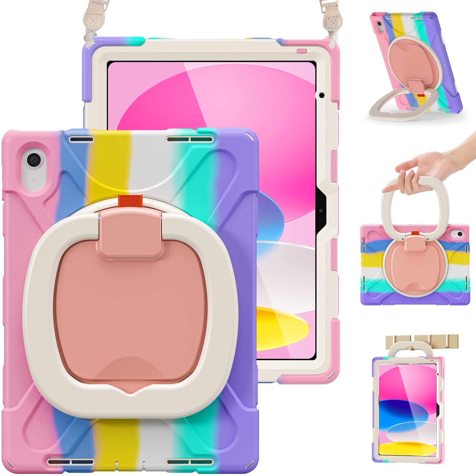 Photo 1 of BRAECN Kids Case for iPad (A16) 11th/10th Generation 11”/10.9'' 2025/2022, Heavy Duty Rugged Silicone Cover with Screen Protector, Kickstand, Shoulder Strap, Pencil Holder & Ring Stand, Colorful Pink