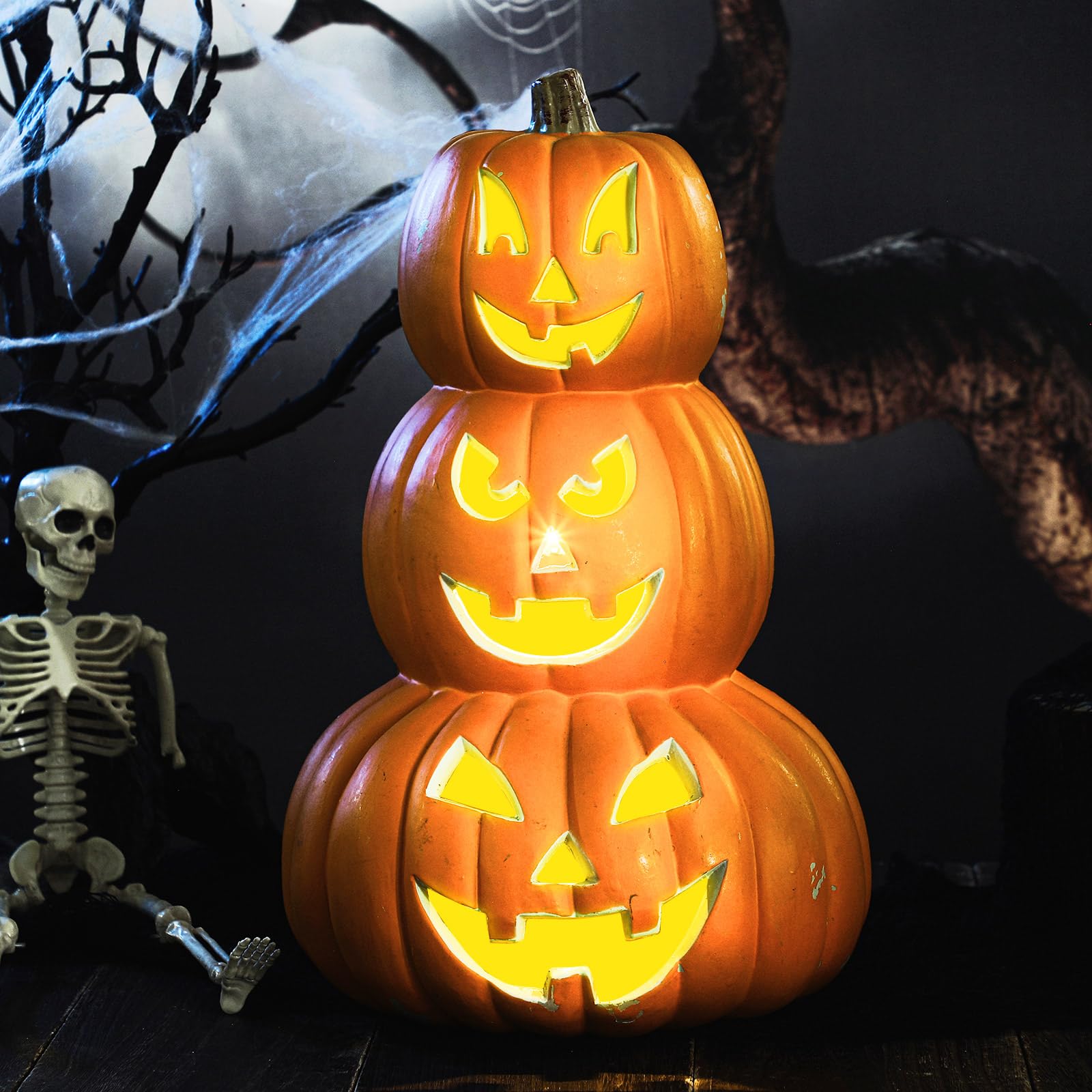 Photo 1 of Retisee 3 Tiers 14 Inch Halloween Pumpkin Lantern Decoration with LED Bulbs Lights Large Plastic Stacked Jack O Lantern Pumpkins Lights Indoor for Halloween Front Door Decor Indoor Decoration