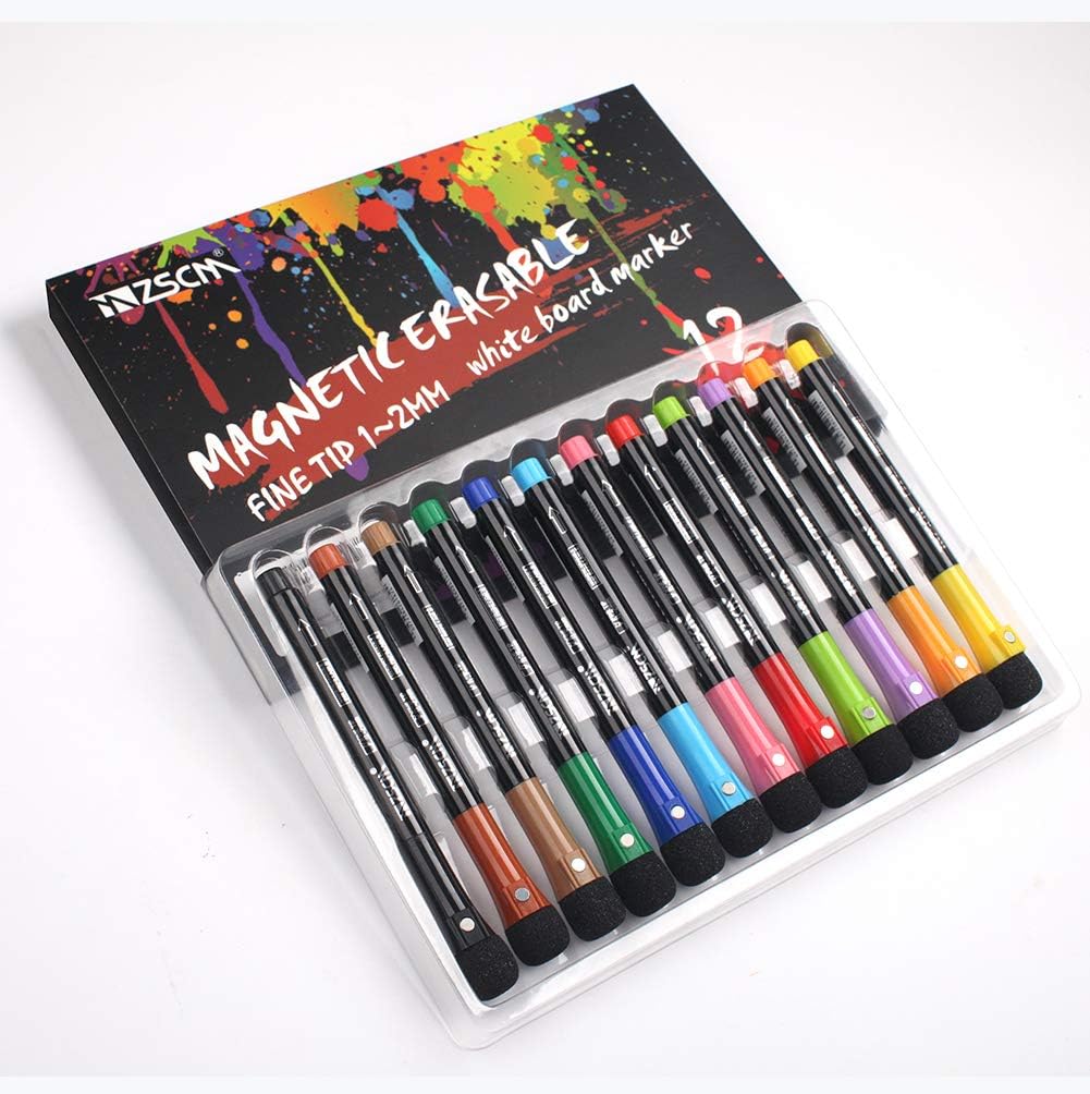 ZSCM 12 Colors Magnetic Fine Tip Dry Erase Markers with Erasers, Low Odor Fine Point Erasable Whiteboard Marker Pen for Classroom Work Office Supplies : Office Products
