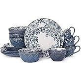 Pfaltzgraff Gabriela Blue 16-Piece Dinnerware Set, Service for 4, Durable Stoneware Plates, Bowls, and Mugs with Elegant Blue Pattern, Dishwasher Safe